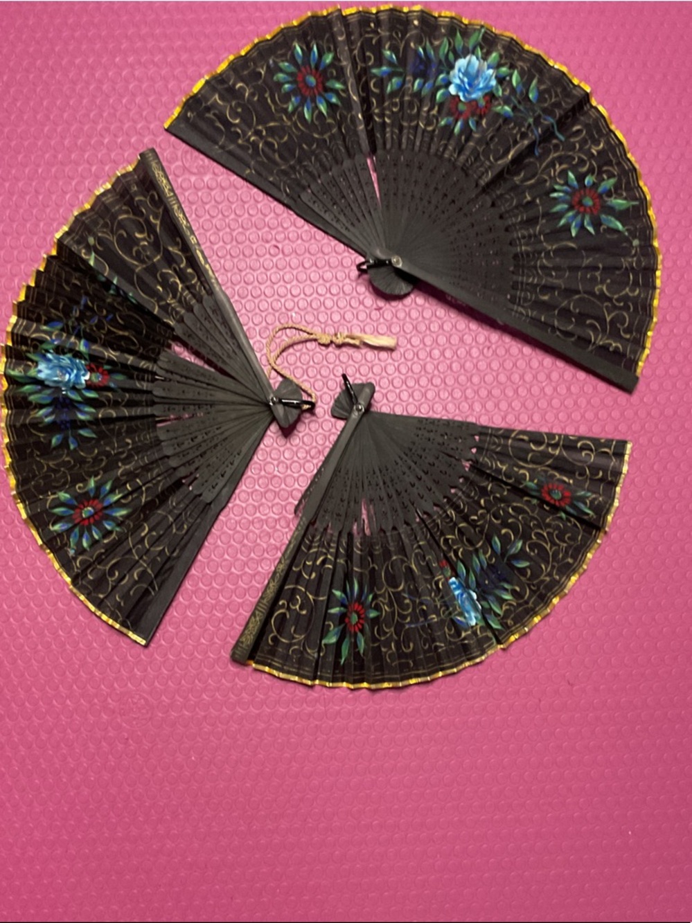 3 x Vintage Black Floral Hand Fan - Elegant Women's Accessory